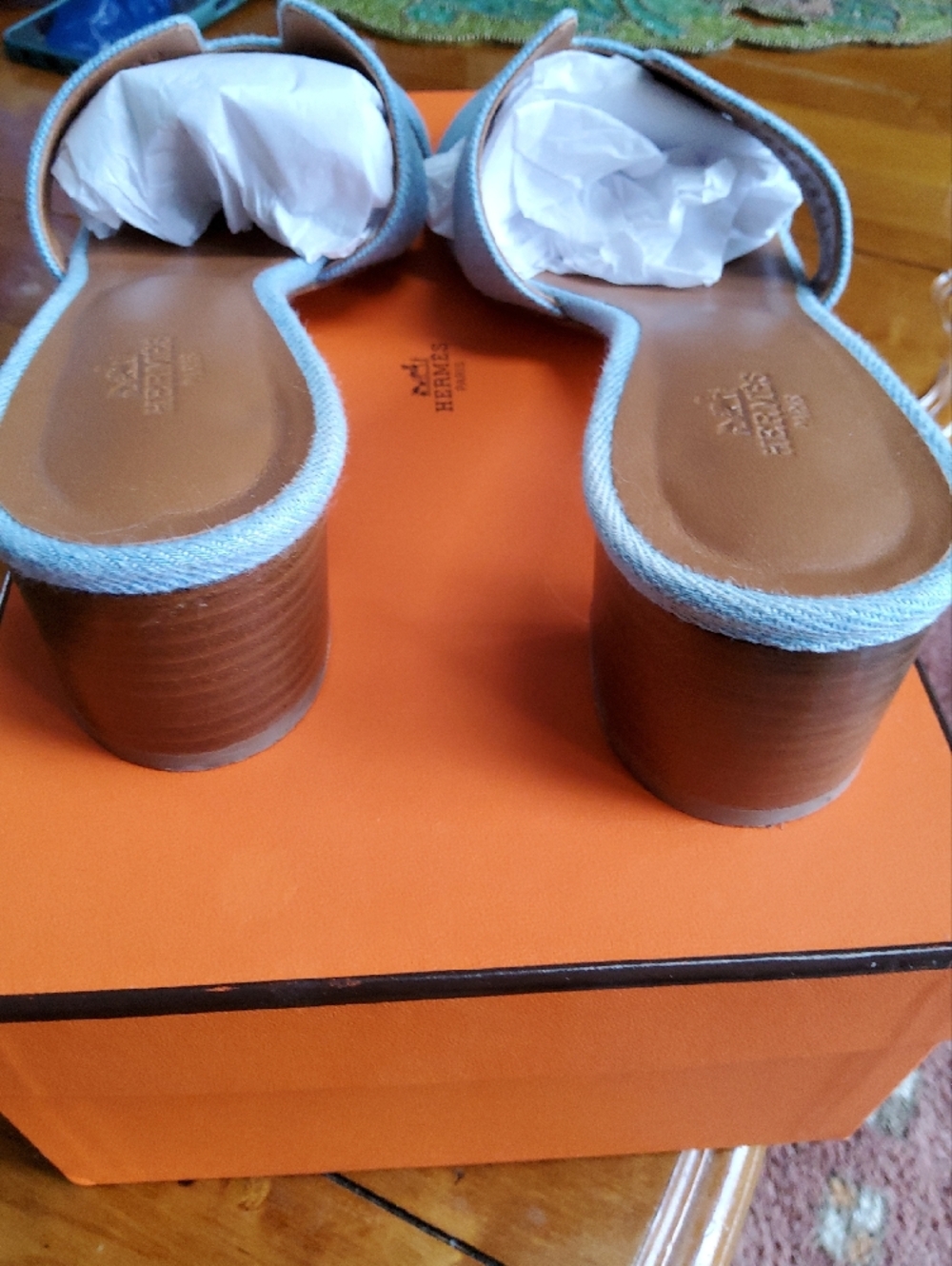 Hermes Light Blue Denim Oran Slide Mules - Picture 2 of 8